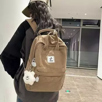 Сплошной цвет вельветовой школьной сумки для женщин, рюкзак для старшеклассников чёрный