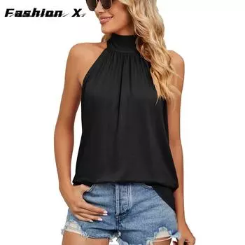 Сплошной цвет, висячий галстук, вязаный жилет, футболка, топ для женщин S чёрный