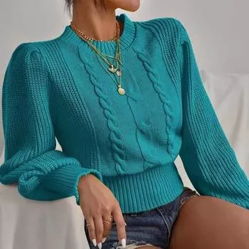 Сплошной цвет вязаный свитер женский пуловер с круглым вырезом и рукавами-фонариками топ One size жёлтый