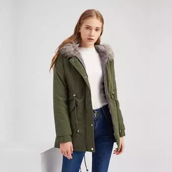 Сплошной цвет женщин с длинным рукавом с капюшоном и воротником на талии Зимняя теплая плюшевая хлопковая куртка S чёрный