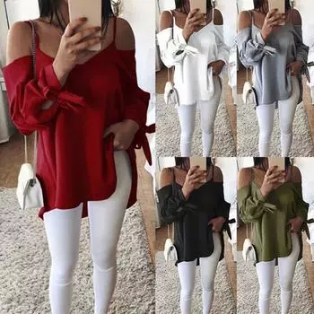 Сплошной цвет Женская повседневная блузка с длинным рукавом и v-образным вырезом на бретельках M чёрный