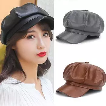 Сплошной цвет, женская регулируемая восьмиугольная кепка в стиле ретро для девочек, берет с козырьком, кожаные шапки, зима-осень 58cm чёрный