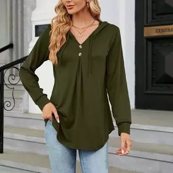 Сплошной цвет, женский свободный топ с длинными рукавами и v-образным вырезом на пуговицах и капюшоне S чёрный