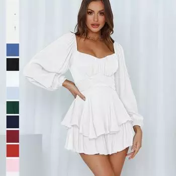 Сплошной цвет, женское модное осеннее платье, квадратный вырез, шорты с фонариками и длинными рукавами, повседневная юбка, брюки S