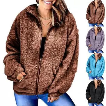 Сплошной цвет, женское повседневное теплое флисовое пальто, женские куртки с капюшоном на молнии с плюшевым мишкой 2XL чёрный