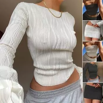 Сплошной цвет женской блузки с круглым вырезом и длинными рукавами, сексуальный обнаженный пупок с рюшами S