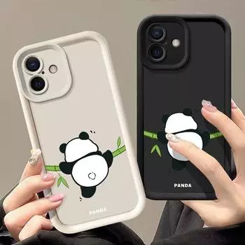 Сплошной цветной чехол с рисунком в виде панды для iPhone 16 Pro 15 14 Plus 13 12 Pro Max 11 Xs Xr 8 7, противоударный мягкий чехол из ТПУ для защиты линз от падений iPhone 16 чёрный
