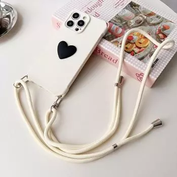 Love Heart Solid Color Shell для iPhone 16 15 14 13 12 Pro Max 11 противоударный мягкий чехол-ремешок из ТПУ iPhone 15 чёрный