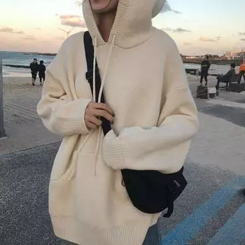 Сплошной цветной свитер с капюшоном, женский осенне-зимний свободный пуловер, свитер, дикая куртка XL чёрный