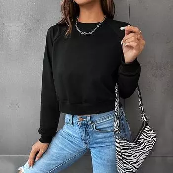 Сплошной цветной свитер с круглым вырезом, женский короткий повседневный топ с длинным рукавом XS чёрный