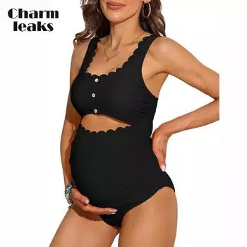 Сплошной купальник для беременных Charmleaks, купальный костюм для беременных с зубчатыми вырезами, рюшами и высокой талией, с овальным вырезом M чёрный
