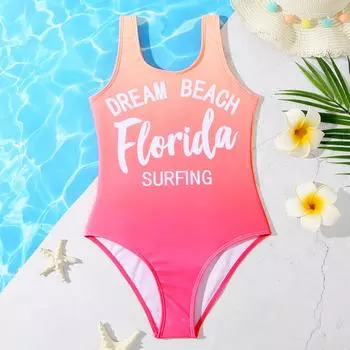 Сплошной купальник для девочек с буквенным принтом, детский купальник градиентного цвета для детей 7-14 лет, купальные костюмы для подростков, монокини, 2022, пляжная одежда 130 розовый