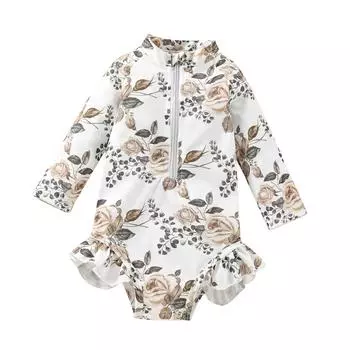 Сплошной купальник для маленьких девочек, комбинезон на молнии с длинными рукавами и рюшами с цветочным принтом, купальник, пляжная одежда, купальный костюм 12-18 Months белый