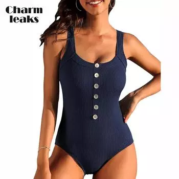 Сплошной купальный костюм Charmleaks для женщин, купальник с мягкой подкладкой и высокой талией в рубчик, вырез сзади, квадратный вырез, купальник с пуговицами-ракушками XL тёмно-синий