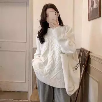 Сплошной свитер на осень и зиму, вязаный пуловер с круглым вырезом и жареным тестом, свободный корейский женский пуловер на открытом воздухе One Size белый