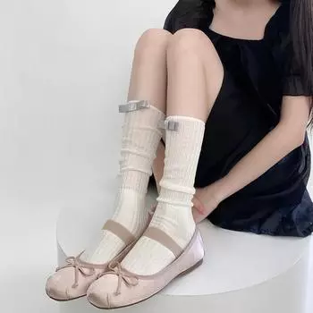 Сплошные цветные длинные носки, женские хлопковые вязаные гольфы JK, милые девушки с милым бантом, носки в стиле Лолиты Kawaii, женские чулки, носки бежевый