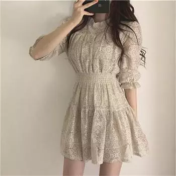 Сплошные цветные летние платья, женские вечерние вечерние платья с талией, элегантные милые кружева с половиной рукавов, корейский стиль, с круглым вырезом, каваи One Size абрикосовый