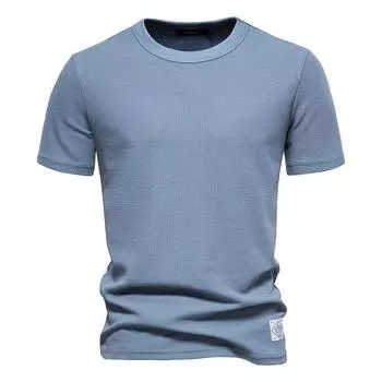 Сплошные цветные вафельные футболки для мужчин, повседневные брендовые качественные мужские футболки с короткими рукавами, новые летние модельерские топы для мужчин Size S 60-70kg тёмно-синий