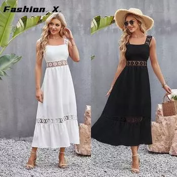 Сплошные платья с бретельками без рукавов и квадратным вырезом в Европе и США S белый