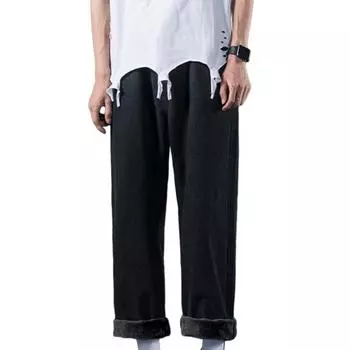 Сплошные потертые мужские джинсы со средней посадкой и карманами в стиле хип-хоп, прямые широкие джинсовые брюки XL чёрный