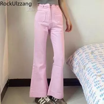 Сплошные розовые джинсы с расклешенными джинсовыми брюками, легкие брюки-клеш, большие размеры, джинсовые брюки, женские корейские милые брюки egirl y2k S розовый
