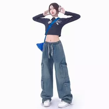 Сплошные синие, черные джинсы с карманом-карго на шнурке, эластичный пояс с низкой талией, женские джинсовые брюки y2k, джинсы больших размеров S синий