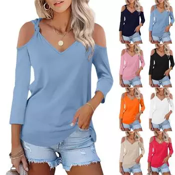 Сплошные топы с открытыми плечами для женщин, рубашки с рукавами 3/4, V-образный вырез, деловые повседневные модные летние топы, блузка M чёрный