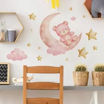 Спокойной ночи, медведь, луна, звезда, спальня, домашний фон стены, украшение, декоративные наклейки на стену 30*60cm/fun-b160