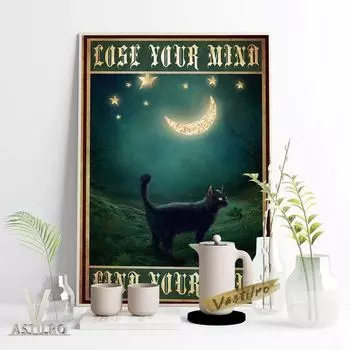 Спокойные эмоции, медитация, художественный постер, луна, черная кошка, украшение для комнаты, домашний теплый подарок 21cm30cm NoFrame