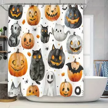 Spooky Halloween Bath Shower Curtain with Pumpkins, Ghosts Cats for Home Decor Black and Orange Color Watercolor Design (Size69x 90x180cm