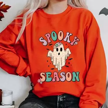Свитшот с принтом Spooky Season, повседневный свитшот с длинным рукавом и круглым вырезом для осени и зимы, женская одежда S