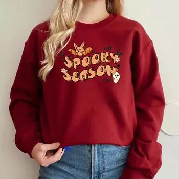 Spooky Season Sweatshirt Spooky Season Halloween Hoodie Cute Ghost Graphic Pullover Spooky Vibes Halloween Crewneck Sweatshirts S серый
