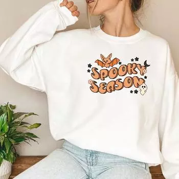 Spooky Season Sweatshirt Spooky Season Halloween Hoodie Cute Ghost Graphic Pullover Spooky Vibes Halloween Crewneck Sweatshirts S серый