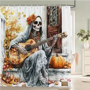 Spooky Skeleton Guitarist Waterproof Mildew-Resistant Shower Curtain - Halloween Design for a Haunted Bathroom Dcor Experience W90XH180cm