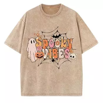 SPOOKY VIBES Монограмма Принт Хэллоуин Женская футболка Лето унисекс Стирка Хлопок Короткий рукав Свободный топ Американский Винтаж S
