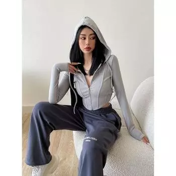 Спортивная блузка Pure Desire Style, футболка с капюшоном и застежкой-молнией для женщин, весна-лето, новый стиль, облегающая талия, утягивающая куртка с короткими рукавами, пальто S серый