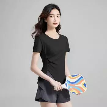Спортивная футболка женская летняя йога фитнес беговой костюм женский короткий рукав разрез сбоку дышащий круглый вырез свободный топ XXL