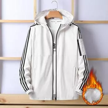 Спортивная куртка из бархата, мужская ветровка с капюшоном, весенне-осенняя ветровка, куртка для бега, ветрозащитный топ с тремя полосками M