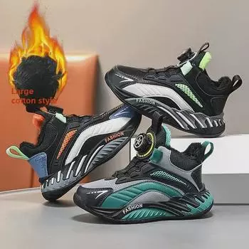 Спортивная обувь для мальчиков из хлопка и кожи, зима 2024 г. — на бархатной подкладке, повседневная, для учеников начальной школы Size 32