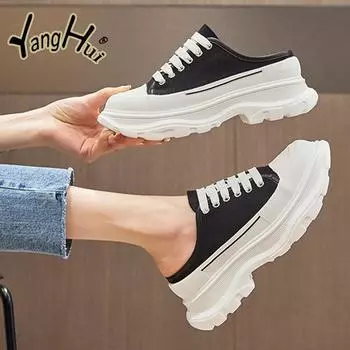 Спортивная обувь из парусины с высокой толстой подошвой 2024 года, новые модные противоскользящие уличные современные женские тапочки летнего цвета 34 чёрный