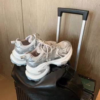 Спортивная обувь Поп-обувь Весенняя женская обувь Модные дышащие двойные сетчатые толстые низкие кроссовки с цветовым сочетанием Удобные классические кроссовки 35 белый