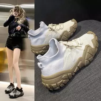 Спортивная обувь женская дышащая на шнуровке с толстой подошвой повседневная спортивная обувь женская вулканизированная обувь с толстой подошвой сетчатая дышащая 35 бежевый