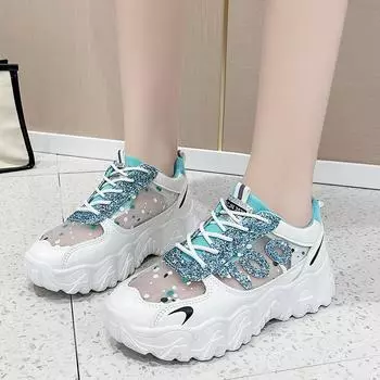 Спортивная обувь женская летняя дышащая 2024 новая сетчатая беговая обувь студенческая корейская версия тонкие толстые подошвы высокие кроссовки 35 синий
