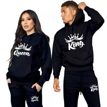 Спортивная одежда для влюбленных, спортивный костюм с принтом King Queen, модные толстовки для пар, однотонный комплект с капюшоном и брюками, одинаковая одежда для пар