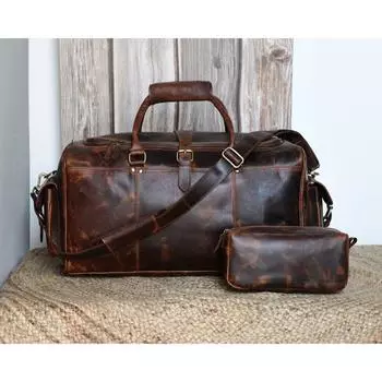 Спортивная сумка из кожи буйвола, выходная сумка с монограммой, ночная сумка из натуральной кожи, подарок на 3-ю годовщину, персонализированная спортивная сумка 22 x 11 x 11 in коричневый