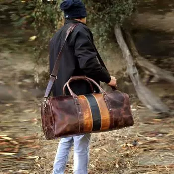 Спортивная сумка из натуральной кожи, кожаная сумка для ночных выходных, спортивная вещевая сумка для спортзала, дорожная сумка для мужчин и женщин, дорожные сумки для салона, 24 дюйма 24 x 13 x 11 in коричневый