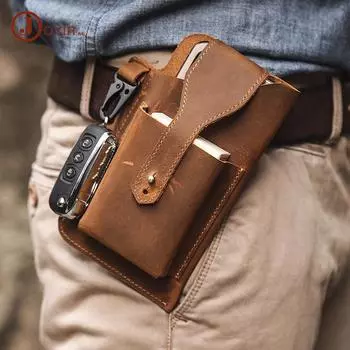 Спортивная тактическая сумка 2021, мужская кожаная поясная сумка в стиле ретро, сумка для мобильного телефона из воловьей кожи 17.5*10*3cm(H*L*T) кофейный
