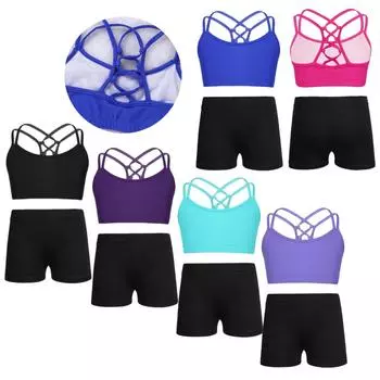 Спортивная танцевальная одежда из 2 предметов для девочек, топ без рукавов и эластичные шорты, комплект для танцев, тренировок, гимнастики 5-6 Years чёрный