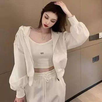 Спортивная женская весенне-осенняя толстовка с капюшоном на молнии, куртка на слинге, комплект из трех предметов S серый