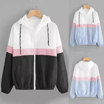 Спортивное пальто женское с длинным рукавом на молнии и карманами с капюшоном в стиле пэчворк, тонкие кожаные костюмы S чёрный